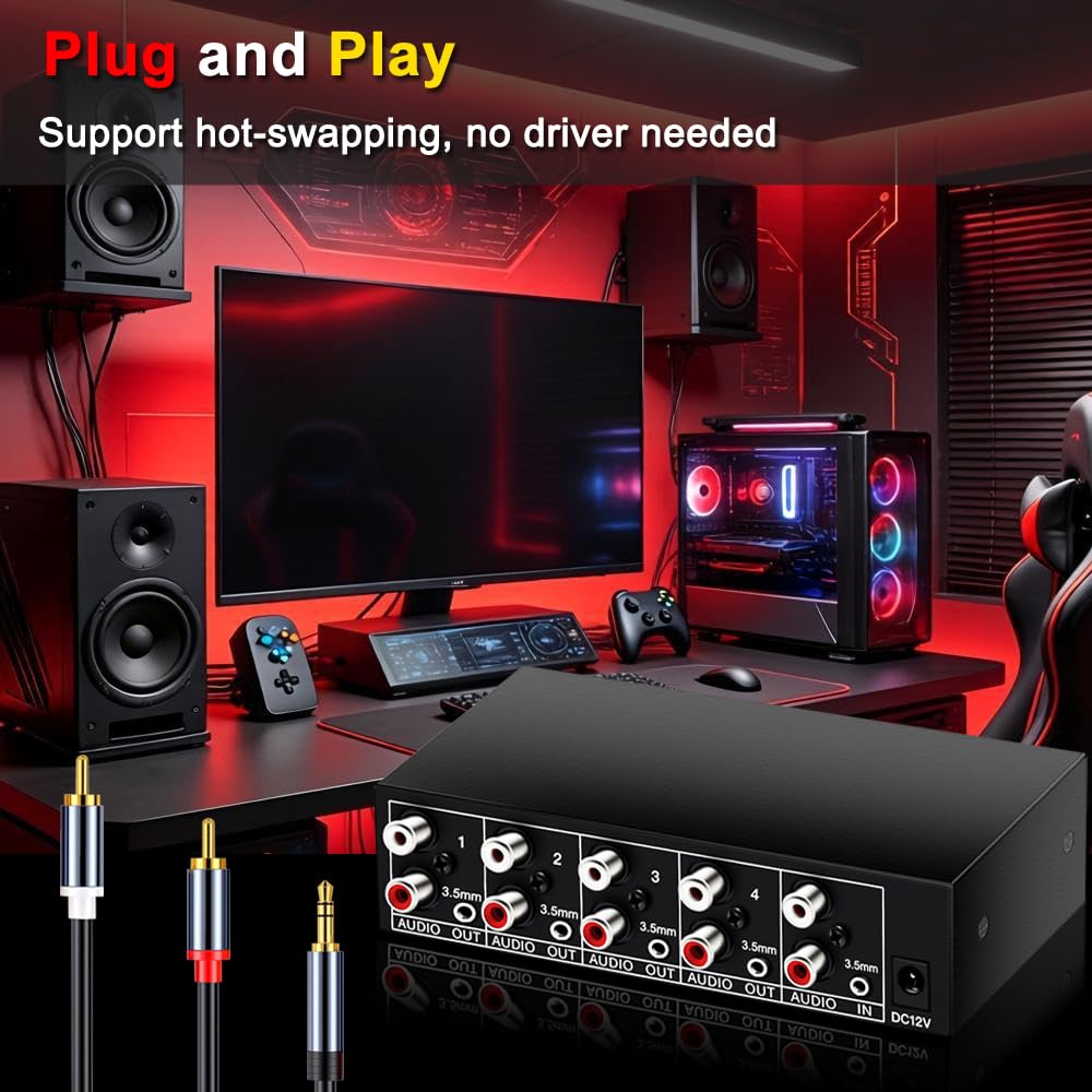 Divisor de audio auxiliar de 3,5 mm + RCA L/R, 1 entrada y 4 salidas, caja distribuidora de audio analógico estéreo