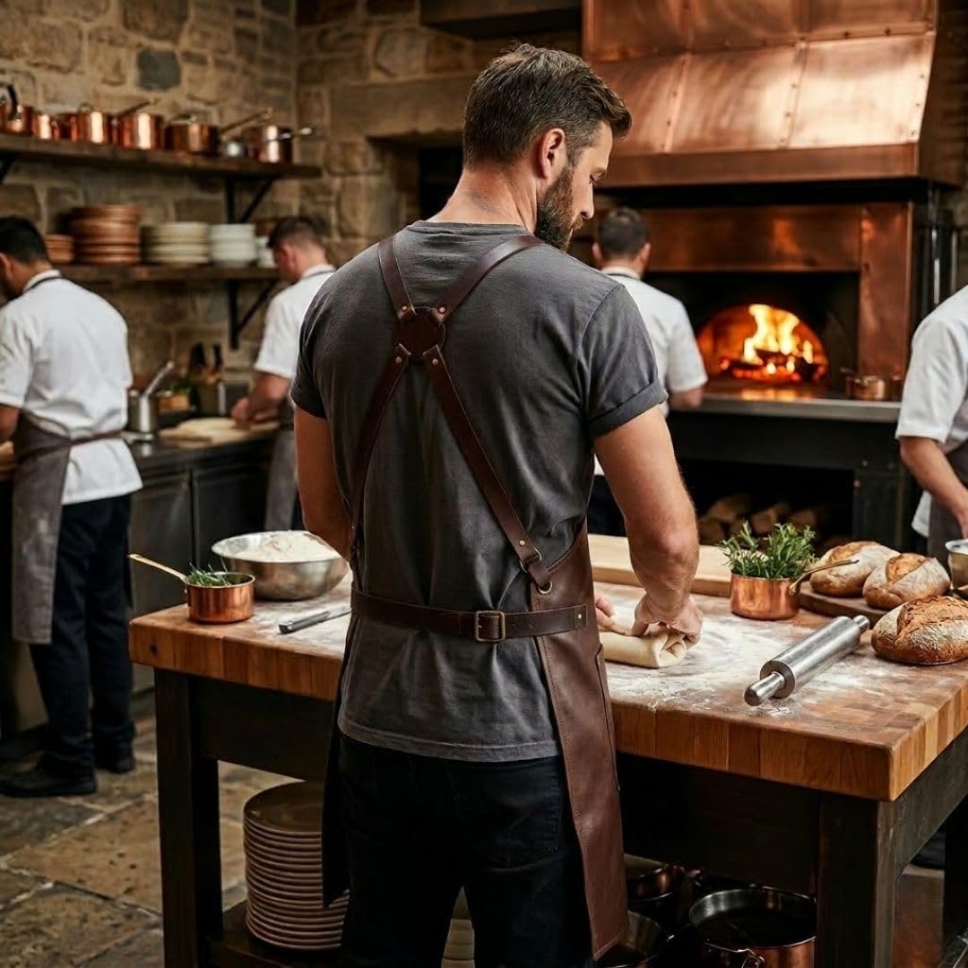 Delantal de cuero cruzado de grano completo marrón oscuro - Delantal de cocina - Delantal de barbacoa - Delantal de cocina - Delantal de herrero - Delantal de barbería - Delantal de carpintería,
