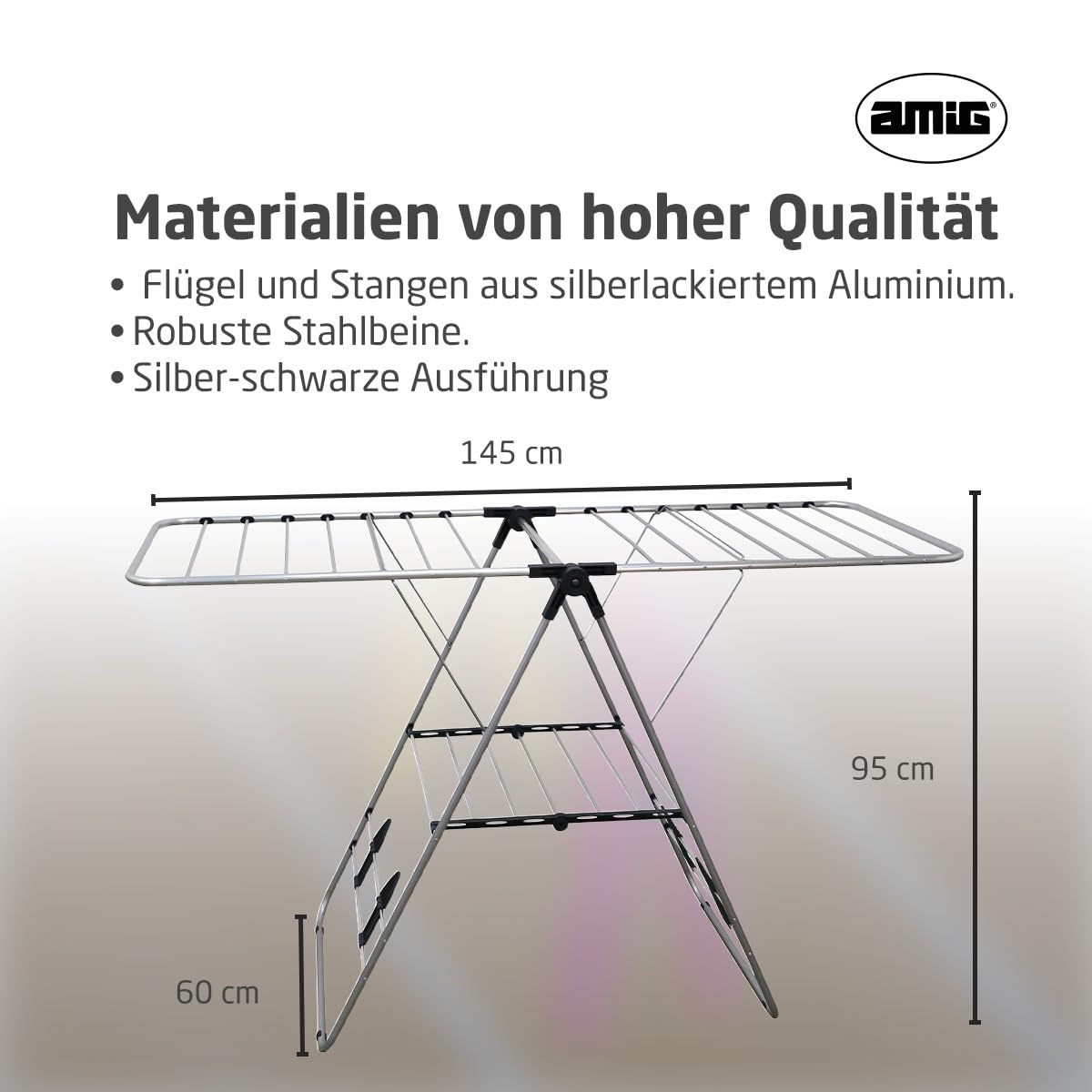 Amig - Klappbarer Wäscheständer mit Flügeln Mod. Aeria UrbanDry - Aluminium und Stahl - Wäschetrockner - Einfaches Auf- und Zusammenklappen - 15m Trockenfläche - 145x60x95 cm - Farbe Silber/Schwarz