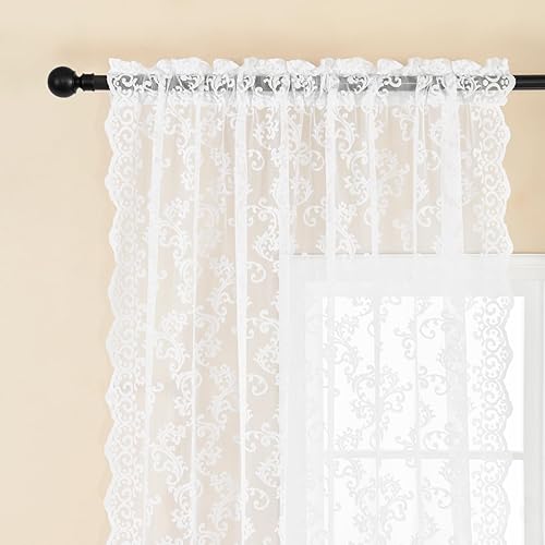 Miniatura 4 de FOLKSIDE Cortinas de encaje blanco de 63 pulgadas de largo, juego de 2 paneles de cortinas traslúcidas con estampado de cachemira occidental para