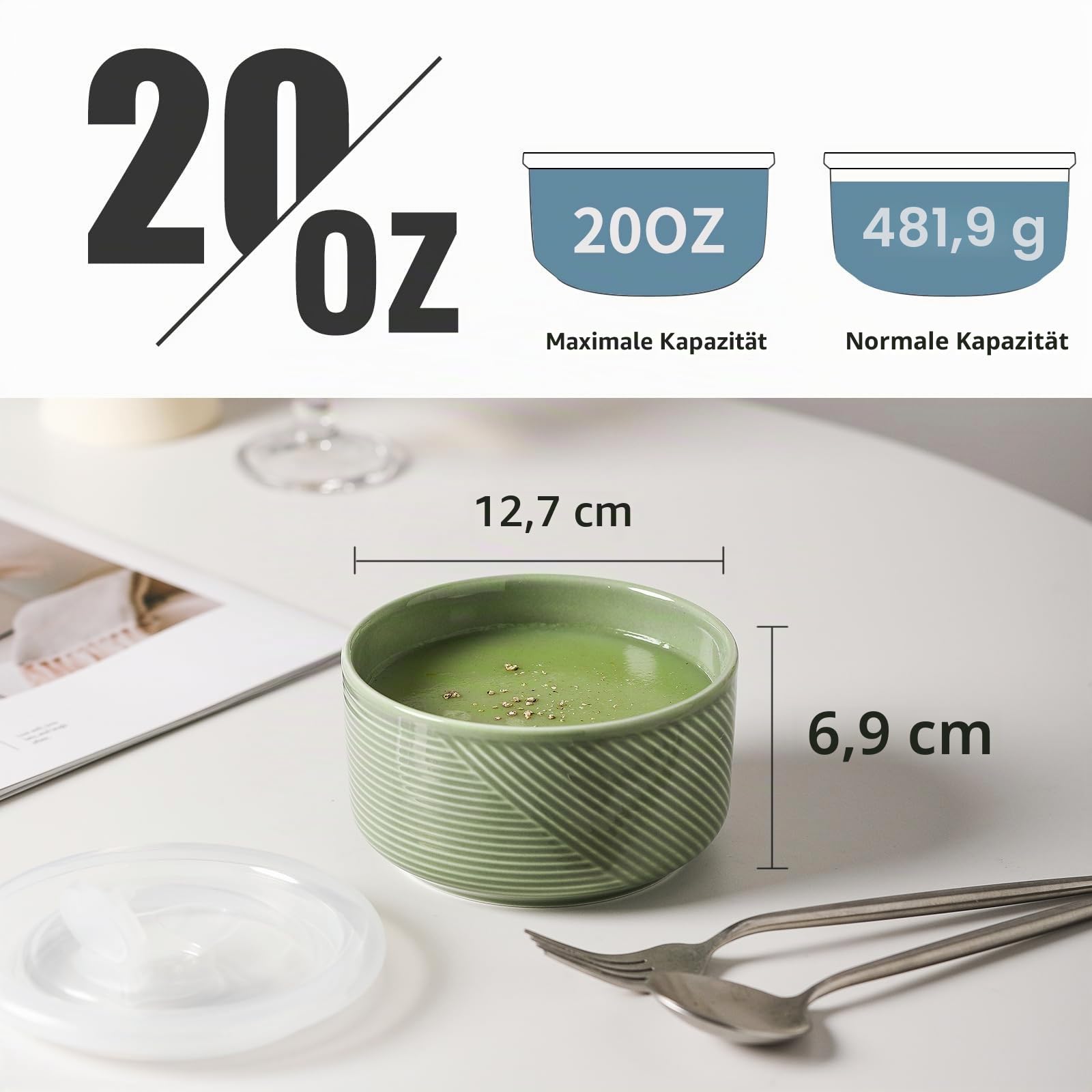 Keramikschale mit Deckel: 12.7 cm Porzellanschalen Set mit Deckel für Mittagessen, Picknick,Vorbereitungsschalen für Küche,Mikrowellengeeignet Servierschalen 4er Set 600 ml (warm)