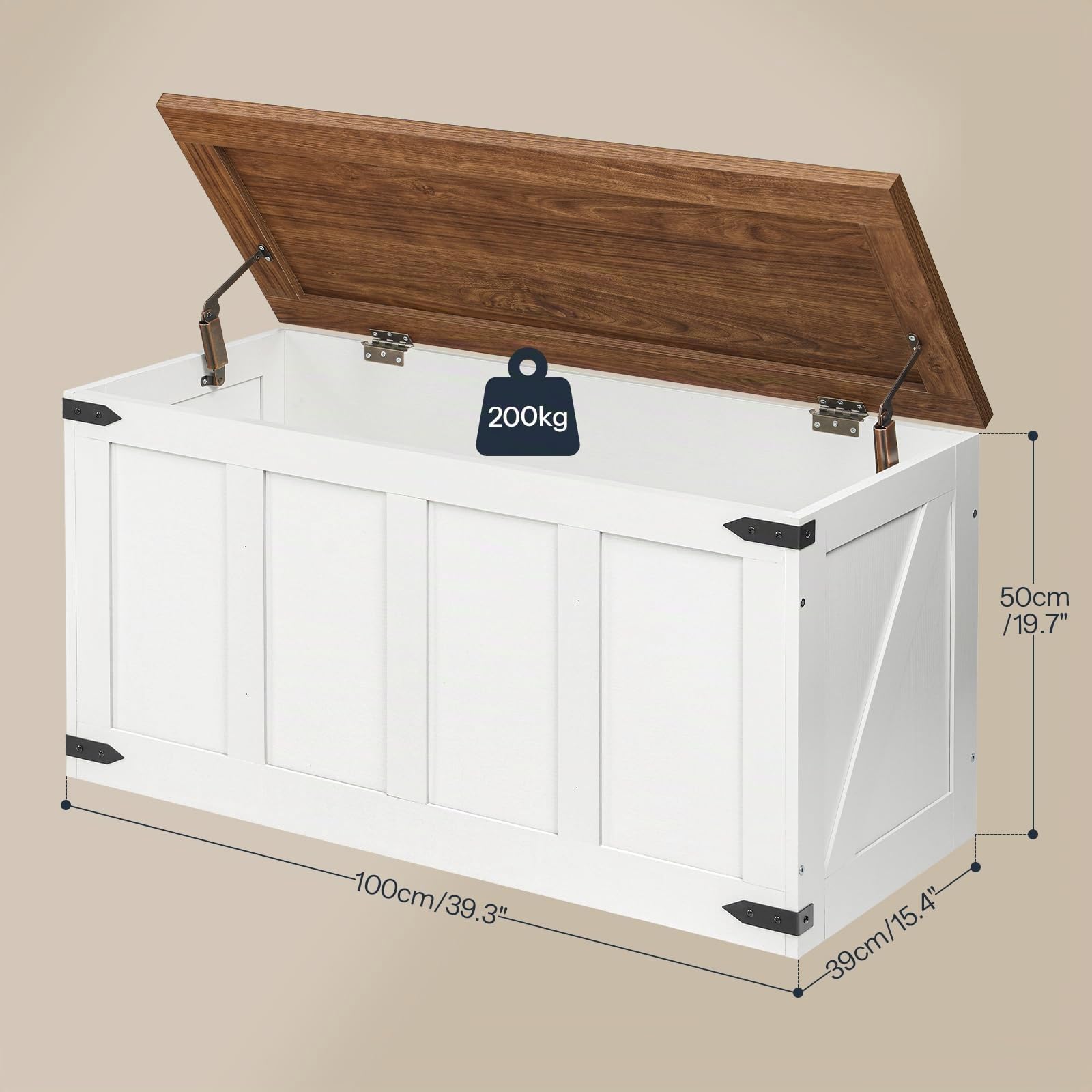 HOOBRO Baúl de 100 x 39 x 50 cm, Banco con Espacio con Bisagras de Seguridad, Cofre de Almacenamiento en Madera Rústica, para Pasillo, Dormitorio y Sala, Blanco y Nogal EWH500CW01