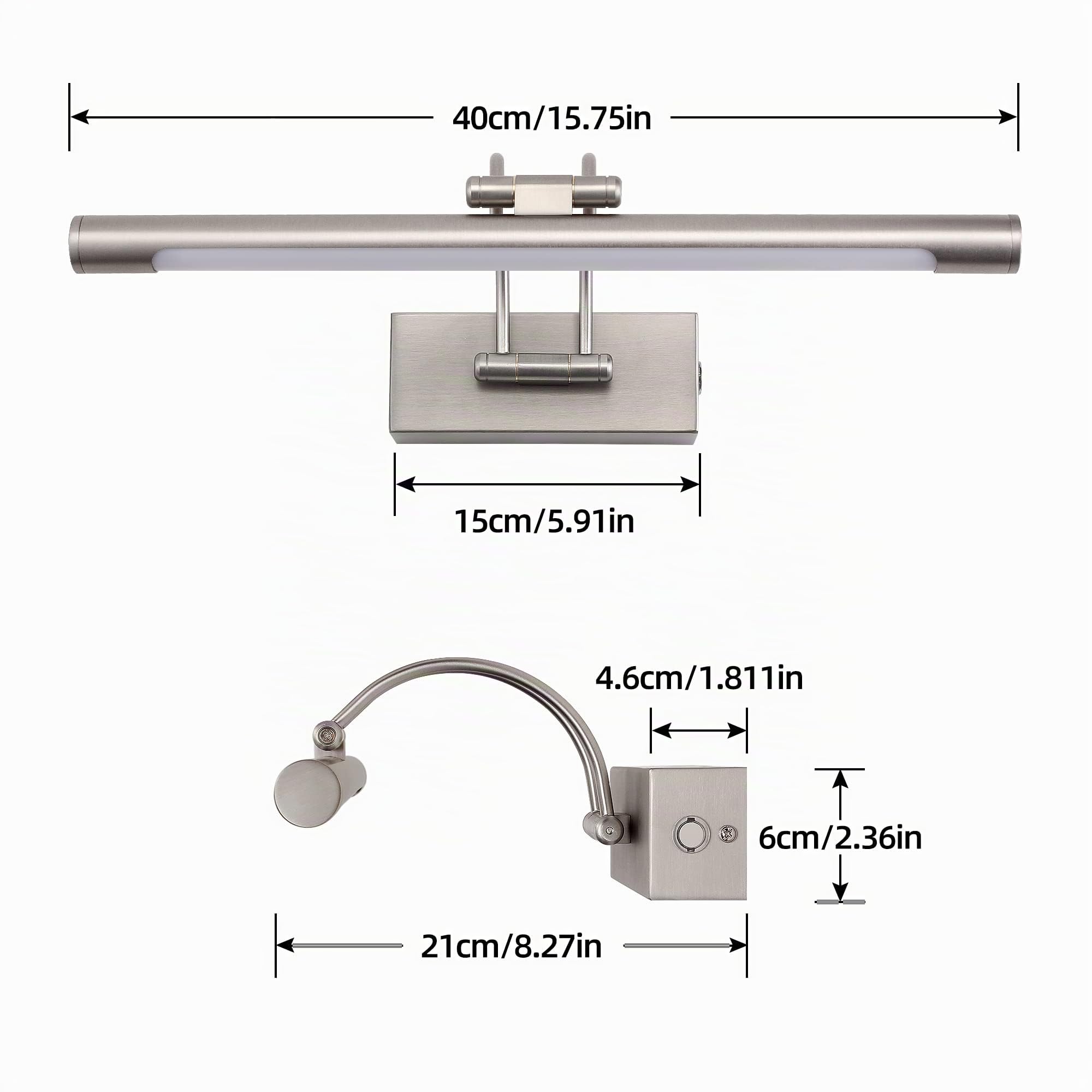MantoLite LED Regulable Lámparas de Pared 10W,40CM Interior Iluminación para cuadros y expositores Cabeza Giratoria Lectura Lámpara,Latón Níquel Baño Espejo Apliques de Pared 3000K/4000K/6000K