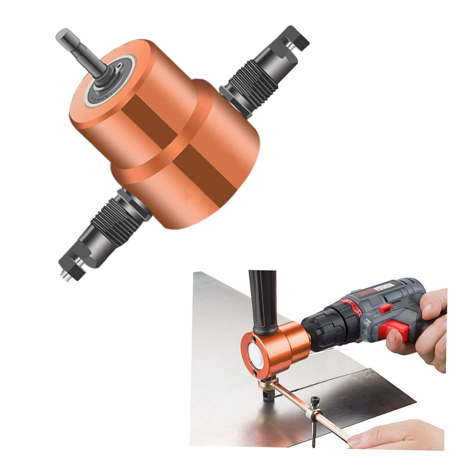Coupeur de grignoteuse de tôle Hancaner Grignoteuse de Coupe de tôle à Double Pointe Coupe-scie à Métal Fixation de Perceuse Réglable à 360 Degrés avec Outils de Poinçonnage