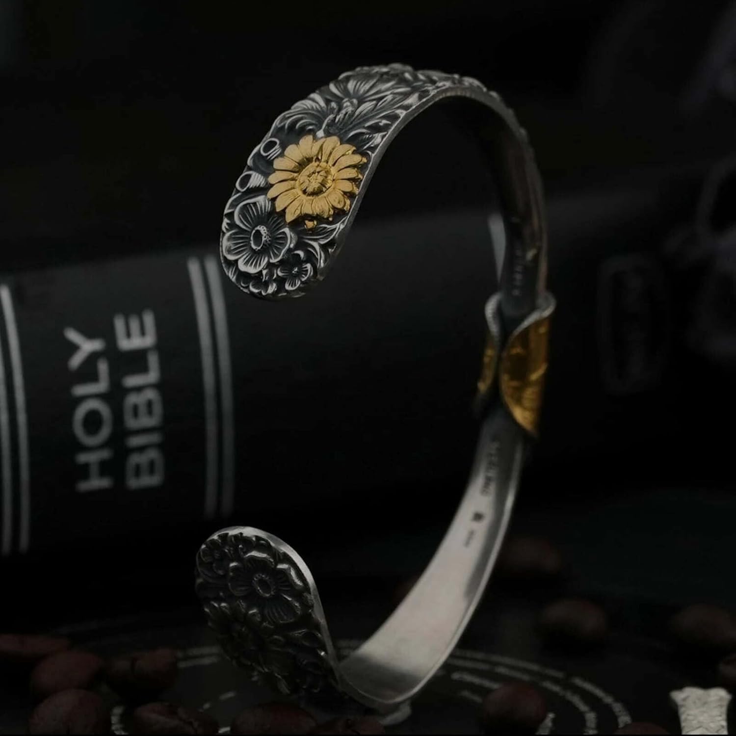 Silver Spoon Bracelet – Adjustable Cuff with Flower Pattern –Mongolian Flower Bracelet for Women&Men