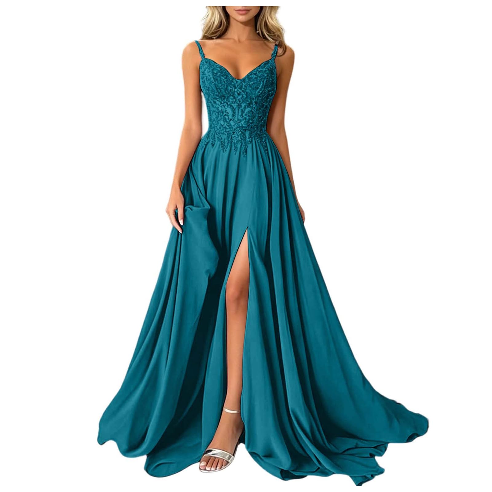 Abito da Sera Donna Vestito Lungo Elegante Spalline Sottili Scollo a V Aderente con Spacco Abito da Cerimonia per Matrimonio Damigella d'Onore Serata Formale Cena di Gala Graduazione Promozione