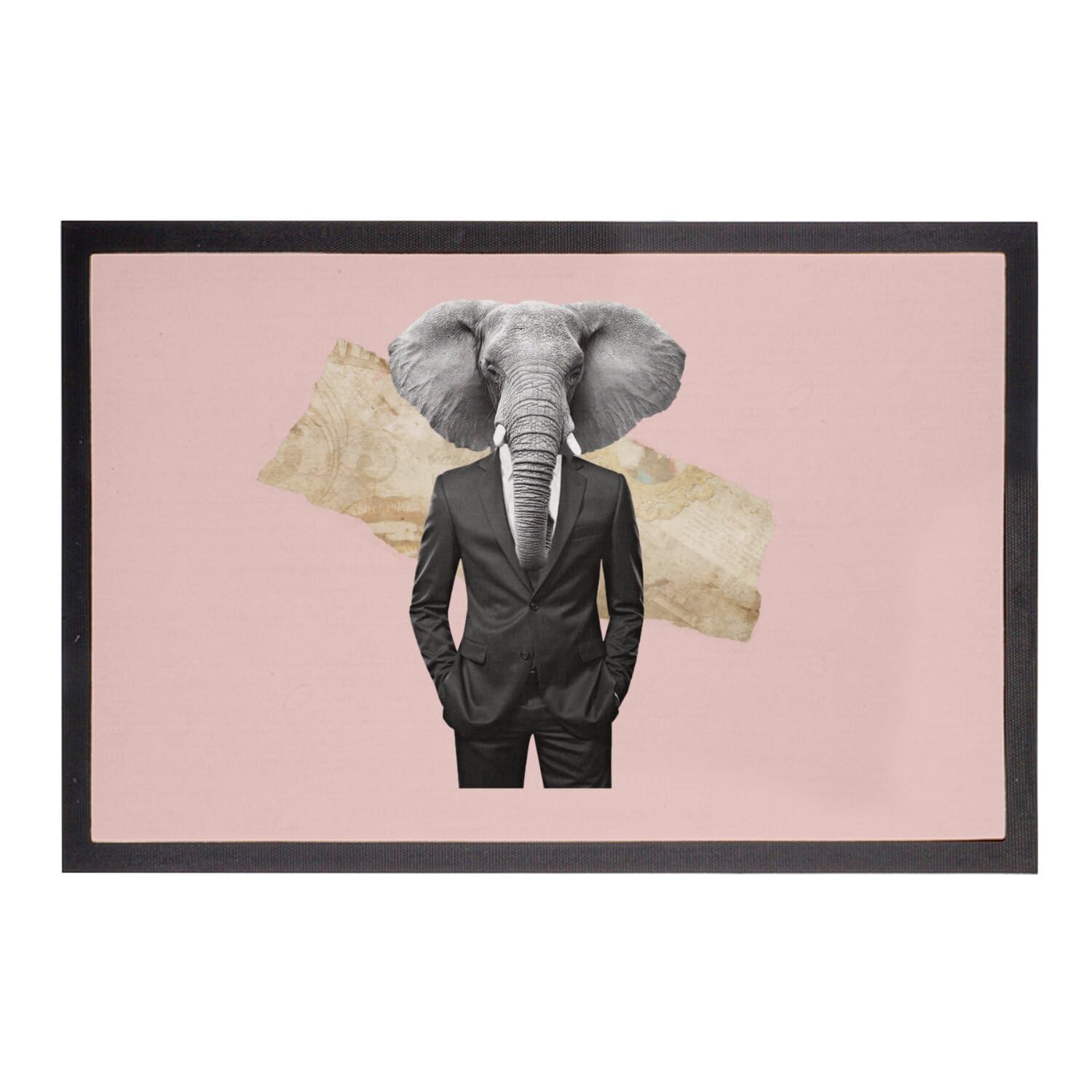 Paillasson Rose Elephant de Wall Street en collage art surréalisme business de 60x40cm