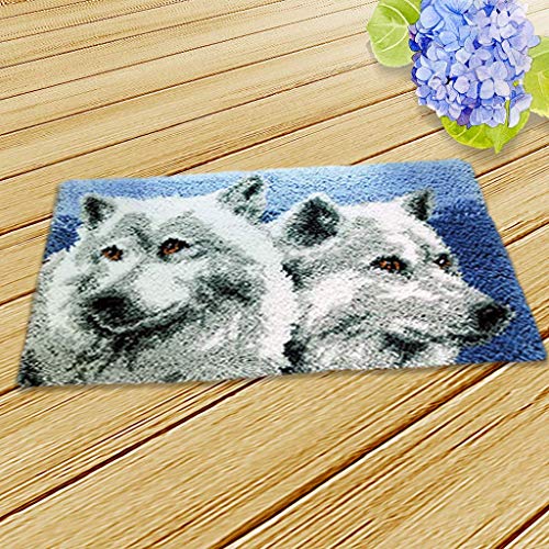 Image of clubevy Latch Hook Kits DIY Cushion Cross Stitch Kits Embroidery for Adults Beginner DIY Needlework Rectangle Floor Desk Mat Home Decoration, Wolf