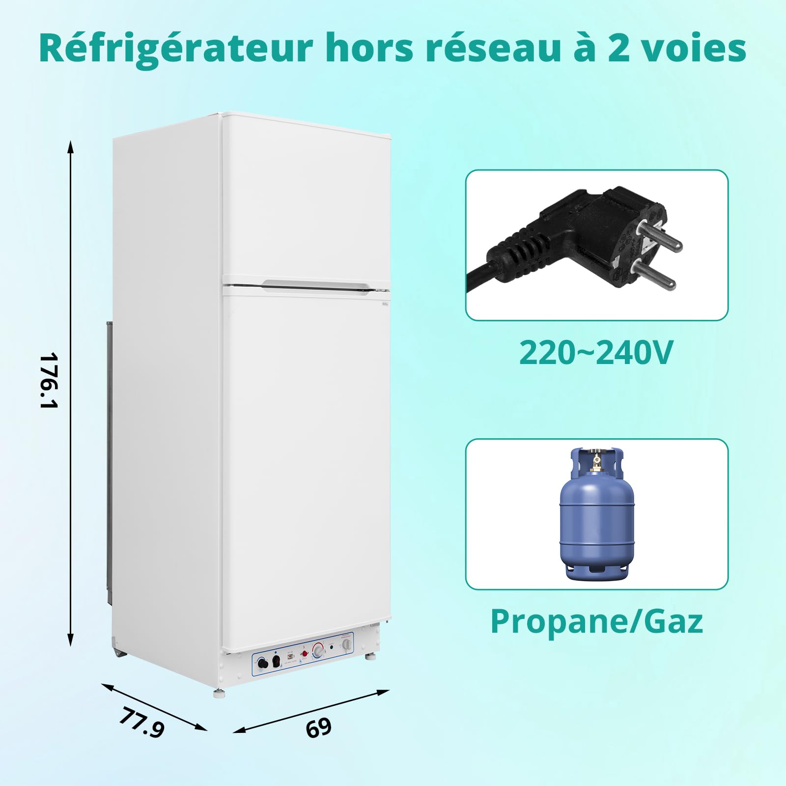 SMETA Frigo Gaz avec Congélateur 380L, Réfrigérateur Congélateur 2 Voies Gaz/220V, Frigo Camping Gaz pour Camping-Car, Caravane, Mobile-Home, Garage, Blanc