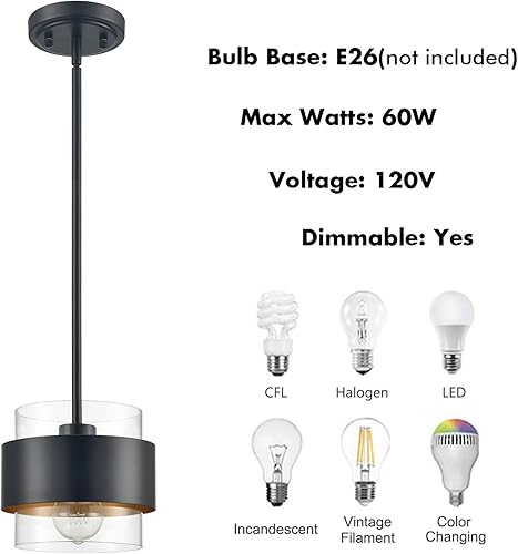 Miniatura 7 de CLAXY Luces colgantes para isla de cocina, barra negra, lámpara colgante de cocina, pantalla cilíndrica de vidrio transparente