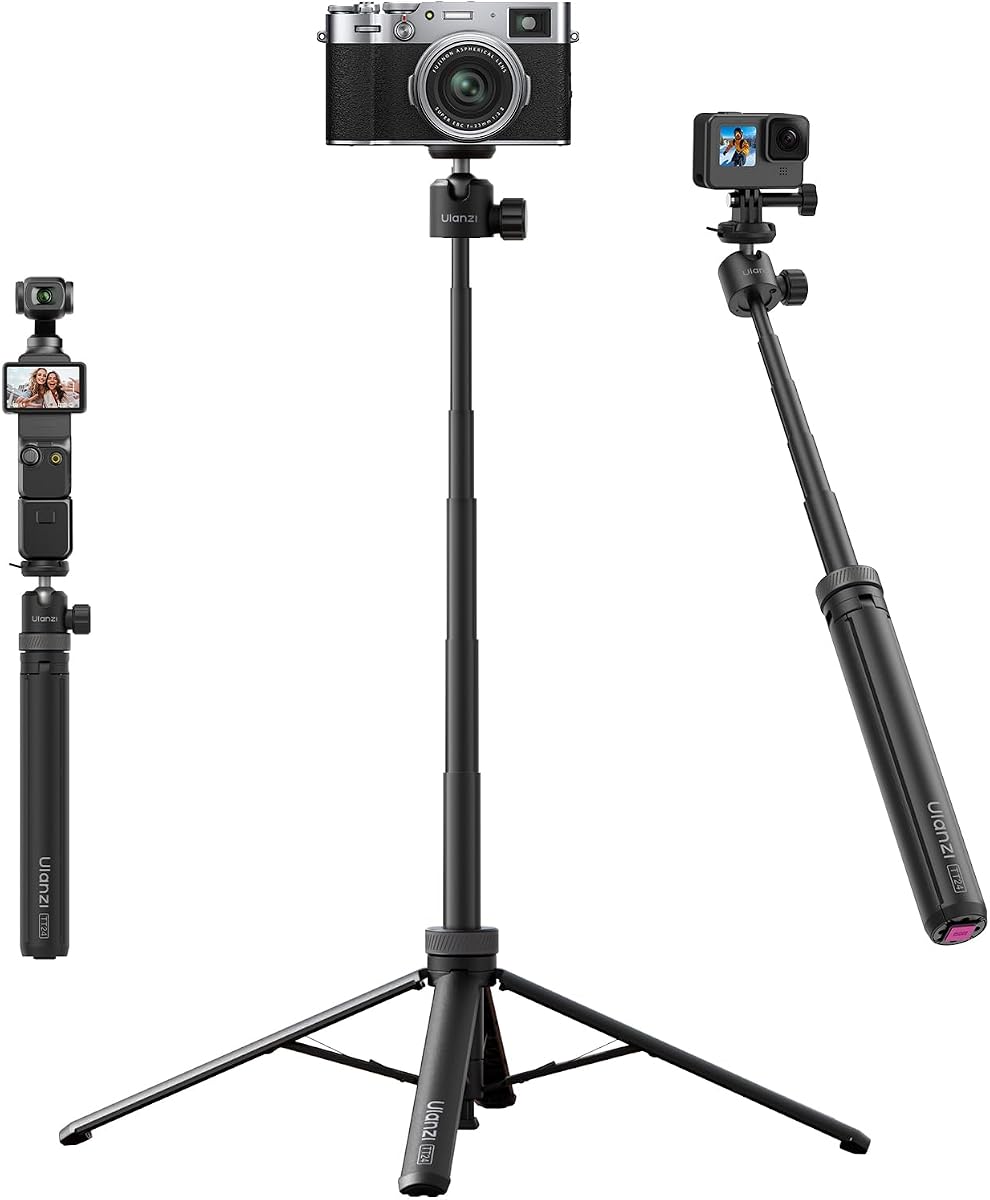 59" Tripod Stand w Auto-Open 4-Leg, ULANZI TT24 Vlogging Selfie Stick Tripod, CKa Quick-Release Ball Head w 1/4" Screw and Action Adapter for Camera/GoPro/DJI Action Pocket/Insta360 X Luna