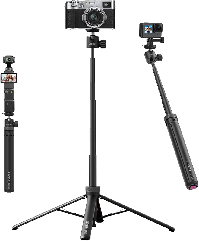 59" Tripod Stand w Auto-Open 4-Leg, ULANZI TT24 Vlogging Selfie Stick Tripod, CKa Quick-Release Ball Head w 1/4" Screw and Action Adapter for Camera/GoPro/DJI Action Pocket/Insta360 X Luna