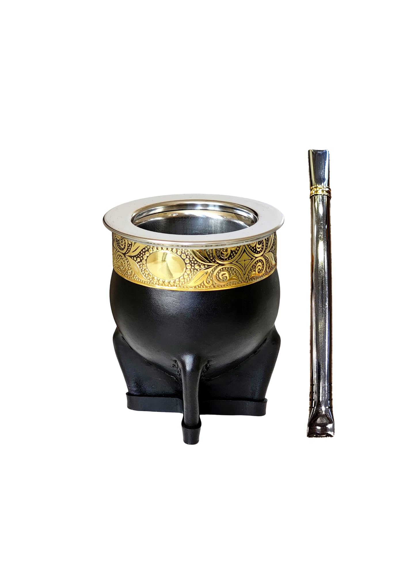 Taza Mate Imperial Argentino Premium - Hecho de Acero Inoxidable Térmico - Exterior Cuero Negro con Bronce - Incluye Bombilla de Regalo. (Estilo 2)