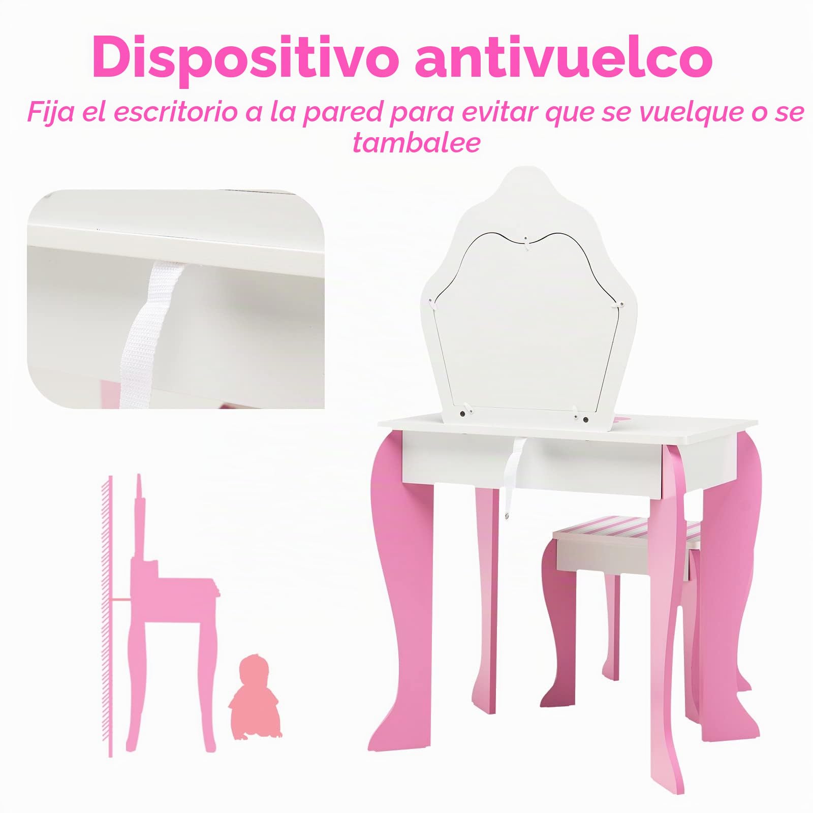 LIFEZEAL Tocador de Maquillaje niña, Tocador con Taburete y Espejo extraíble, Mesa Infantil 2 en 1 con cajón de Almacenamiento, Escritorio de Madera para niña de 3 a 7 años