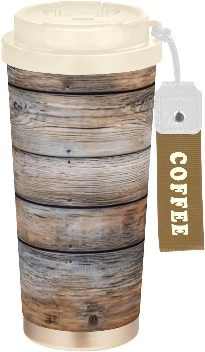 Dark Brown Wooden Texture Insulated Coffee Mug with Straw & Flip Lid, 16.9oz Iced Tumbler Cup, Double Wall Vacuum Mug for Travel Office