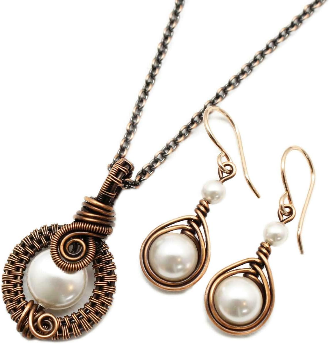 Pillar of Salt Studio Handcrafted Copper Jewelry Set Wire Wrapped Pendant Necklace and Earrings with Simulated Pearls (White)