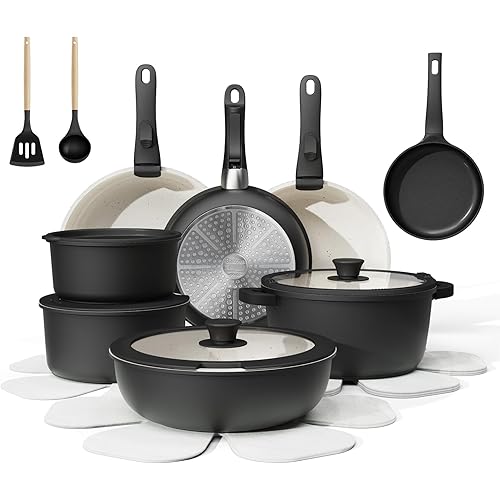 23-Piece Removable Handle Pots and Pans Set Non Stick, Ceramic Cookware Set with Mini Egg Pan, Large Capacity, Non-Toxic, Induction & Oven Safe, Dishwasher Safe, RV Compatible, Black & White