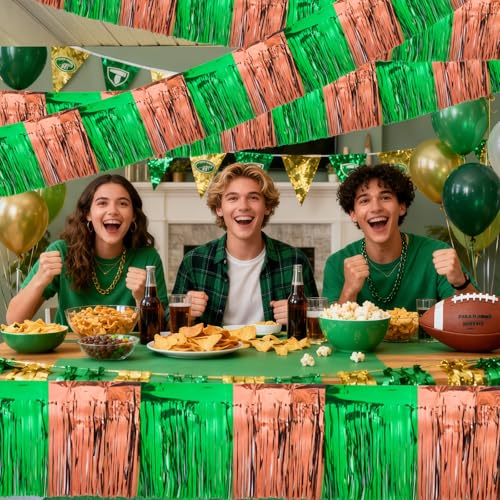 Image of 4 Packs 10 Feet Long Foil Fringe Football Parade Float Decorations for Trailer Superbowl Tinsel Garland Tinsel Green Brown Homecoming Metallic Car Streamers Super Ball Party Hanging Banner Backdrop