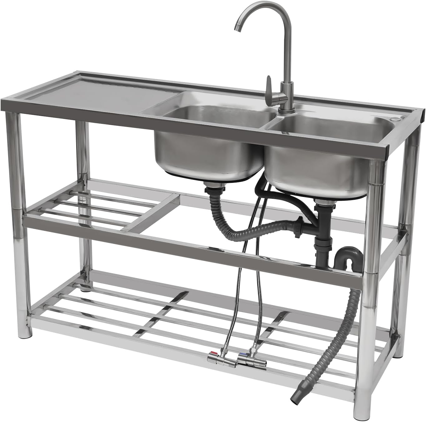 Commercial Stainless Steel Kitchen Sink, 2 Compartment + Prep Table for Food Preparation - Multifunctional for Restaurants, Domestic Kitchens, Outdoor, Household