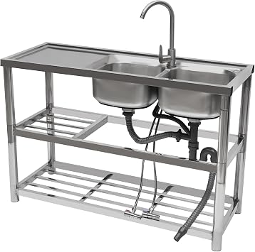 2-Compartment Commercial Sink, 304 Stainless Steel Kitchen Utility Sink w/Prep Table & Faucet, Double Basin Freestanding for Restaurant, Garage, Cafe, Workshop, Outoor