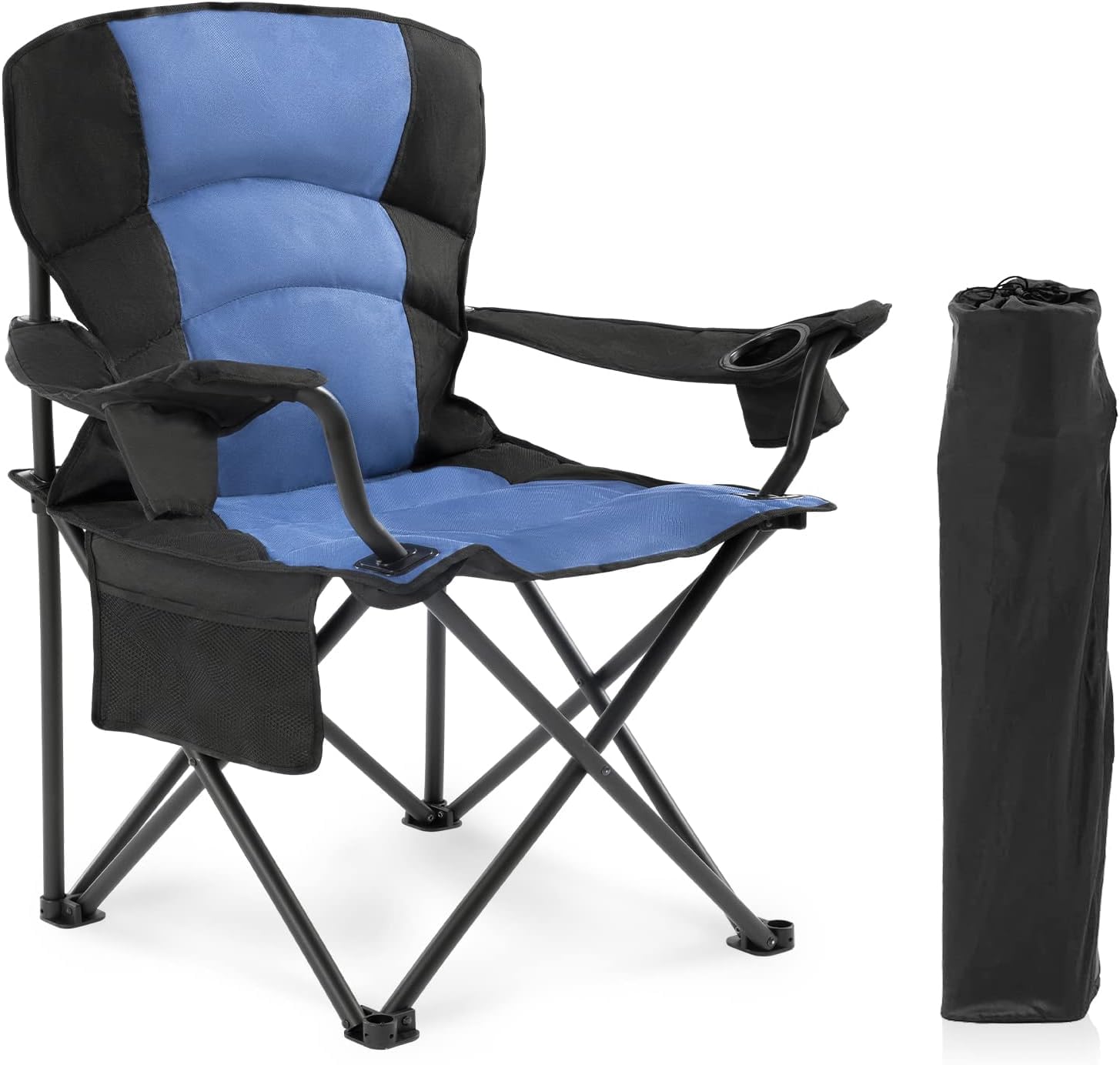 Oversized Folding Camping Chair Outdoor, Heavy Duty Foldable Lawn chair for Adults Support 440lbs, Collapsible Large Padded Camp Chair with Cup Holder&Carry Bag for Fishing Outside Sports Picnic(Navy)