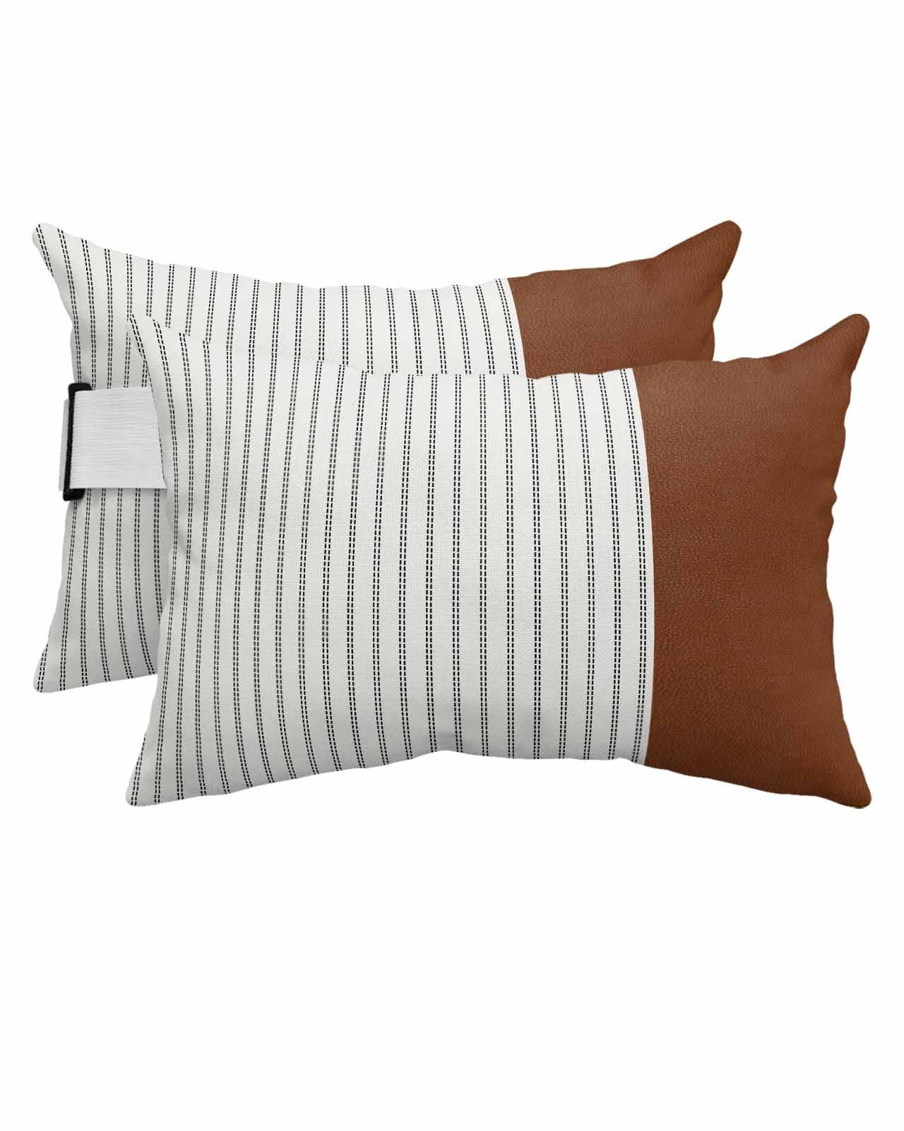 Outdoor Pillows Covers with Inserts Boho Brown Leather Texture Black Striped Tribal Style Waterproof Pillow with Adjustable Strap Throw Pillows for Patio Furniture Pool Lounge Chair, 12x20 Inch, 2PCS
