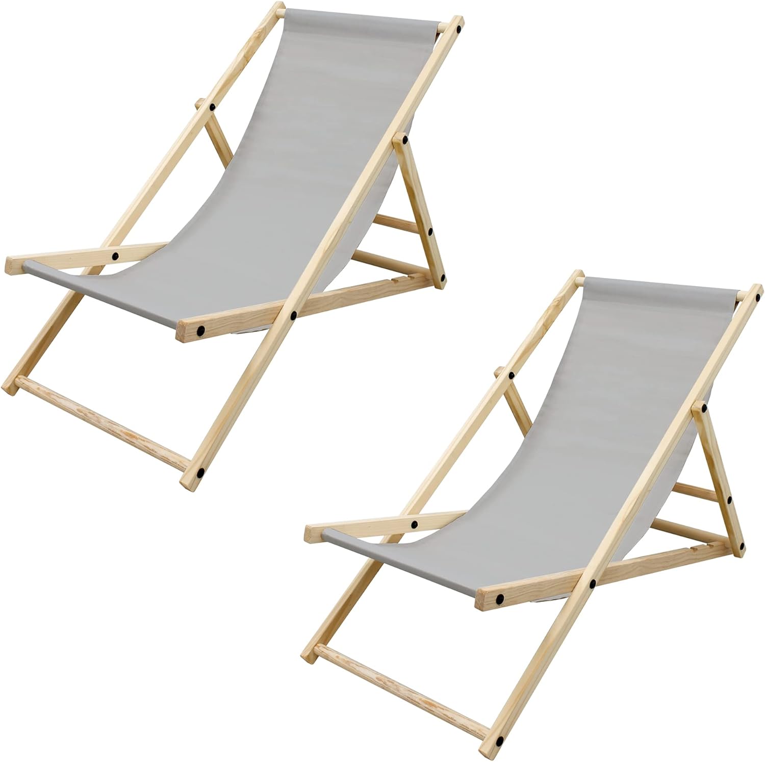 ECD Germany 2X Sillas de Playa de Madera de Pino 3 Posiciones de Reclinación Plegable Tumbona Gris Claro Tradicional de Sol para Jardín Impermeable hasta 120kg Tejido Oxford Hamaca Terraza Piscina