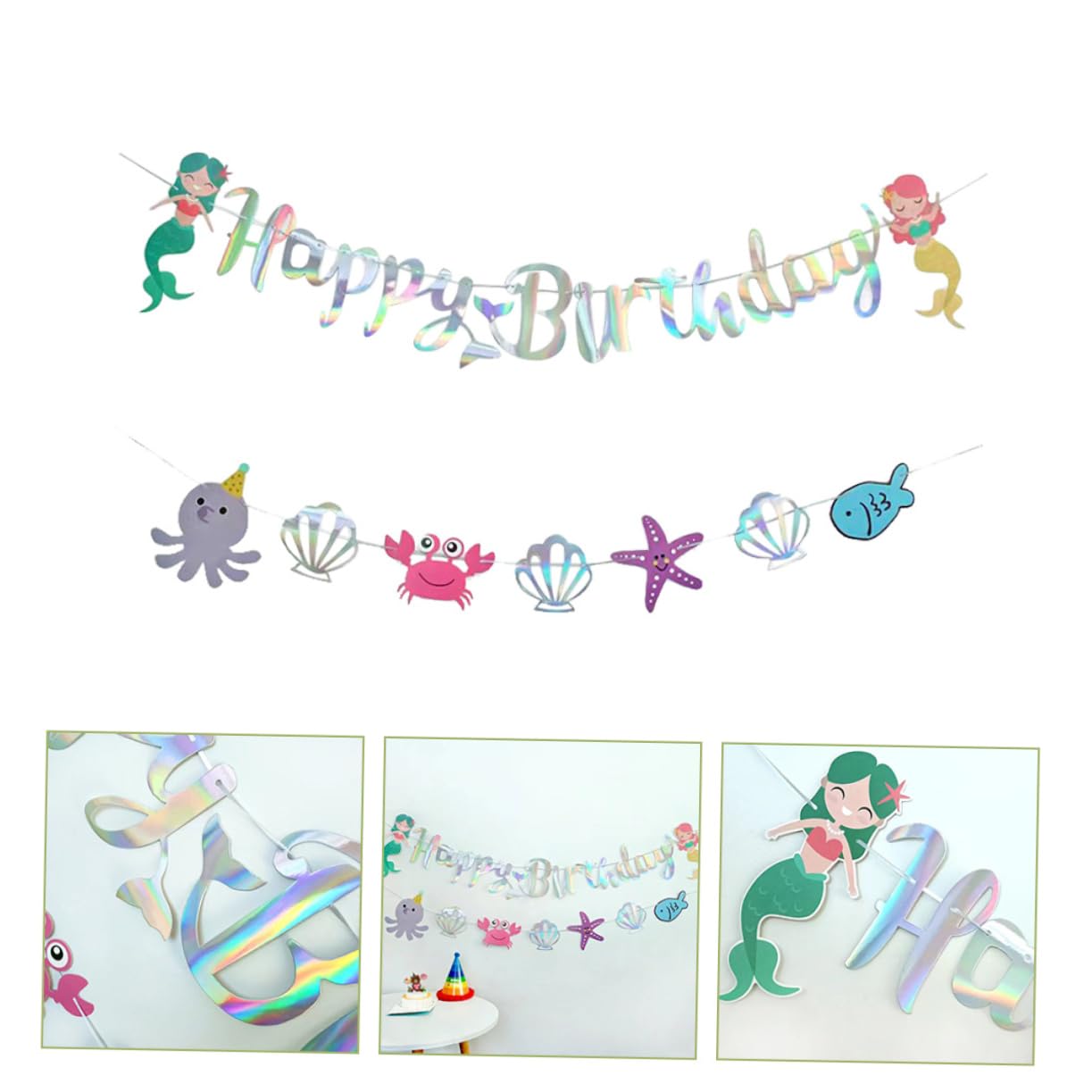 Abaodam 4pezzi Banner Decorativo Compleanno Tema Sirena Striscione Happy Birthday Per Feste Di Compleanno e Shower Decorazione Murale Per Festeggiamenti Sottomarini