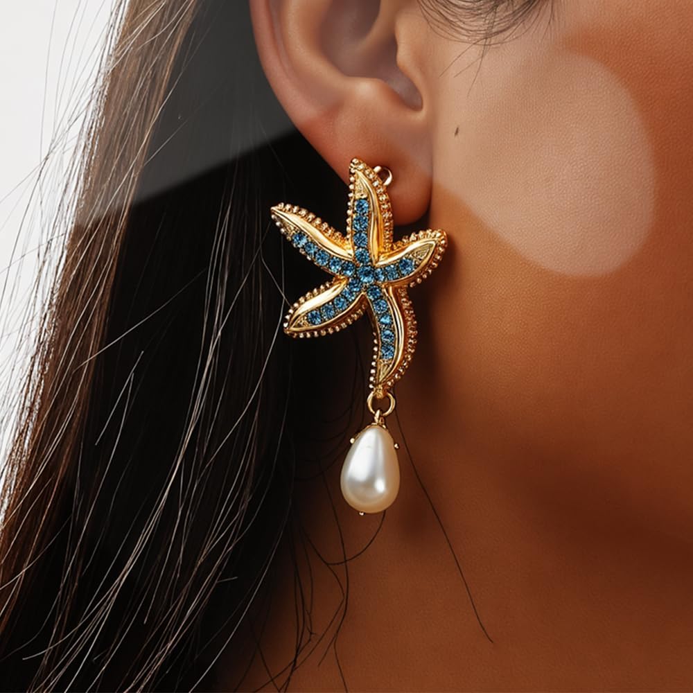 Gold Starfish Pearl Earrings for Women Hawaiian Earring Starfish Dangle Earrings Hypoallergenic 14K Gold Plated Sea Star Earrings Beach Summer Holiday Ocean Jewelny - Size 2.25"L x 1.1"W - Image 3