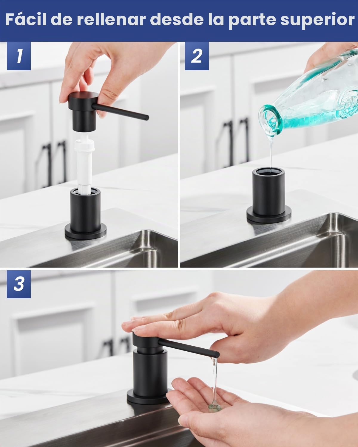 Dispensador Jabon Cocina Bajo Encimera, Dosificador Jabon Cocina Duradero con Tuercas de Acero INOX 304(sin Plástico), Botella de 300 ml y Tubo Silicona de Extensión de 1,25 m, Negro