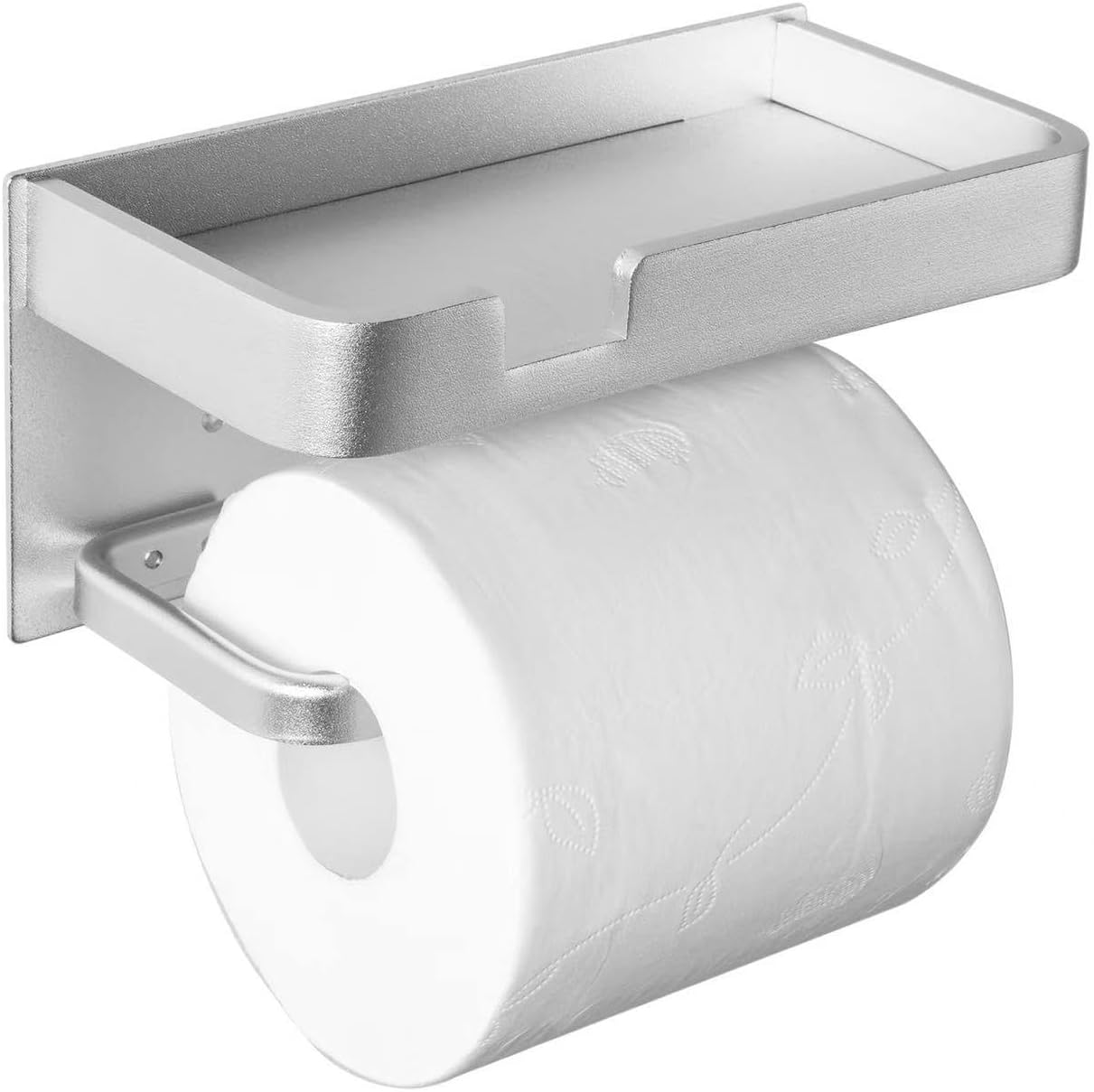 Wall Mounted Toilet Paper Holder, Toilet Paper Holder with Shelf, Rustproof & Multifunctional Space Aluminum Stainless Steel Bathroom Storage Dispenser for Bathroom, Washroom, Kitchen, RV (Silvery)