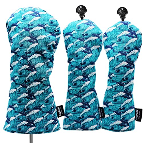 ROYMADE Golf Club Head Covers 3 Pack Waterproof Cloth Head Covers for Driver/Fairway Wood/Hybrid Fit All Golf Clubs Headcover #1#3#5 for All Brands (Dolphins Style)