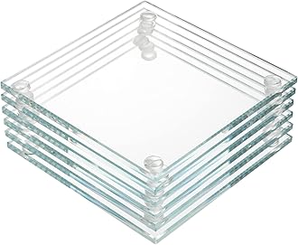 YOUEON Set of 6 Square Glass Drink Coasters, 3.5"x3.5" Crystal Coasters for Drinks, Decorative Clear Glass Plates for Mugs, Cups, Dining Tables, Office, Kitchen, Home Decor and Parties