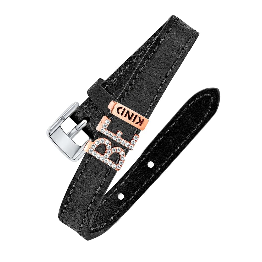 Charm Unisex Black Vegan Leather Wrist Buckle Bracelet with Adjustable Strap - Be Kind | Solitaire Cut Crystals Cubic Zirconia Diamond Wristband for Men and Women-image-22