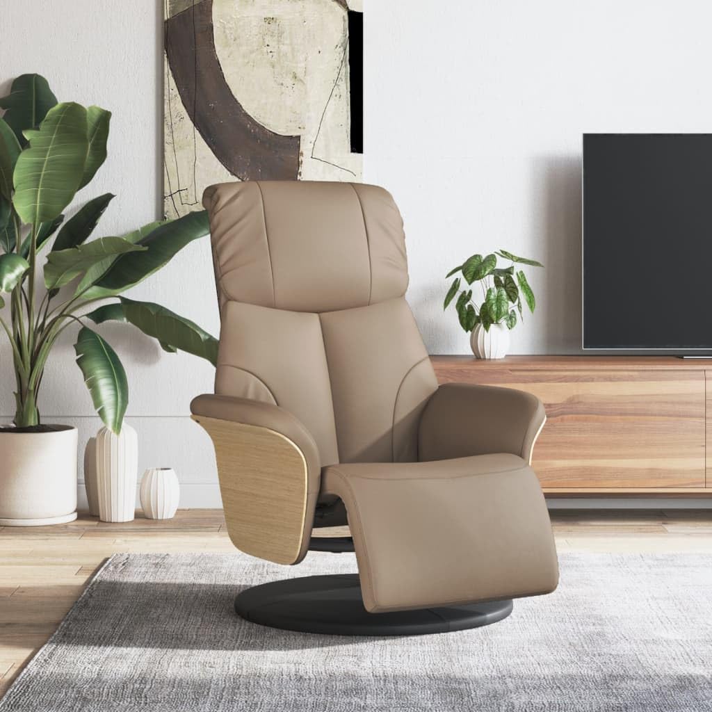 Fotel relaksacyjny z podnóżkiem, kolor brązowy cappuccino, sztuczna skóra, obrotowy, regulowany, z funkcją leżenia, ergonomiczny, wygodny, do salonu, biura, kącika do czytania, kominka