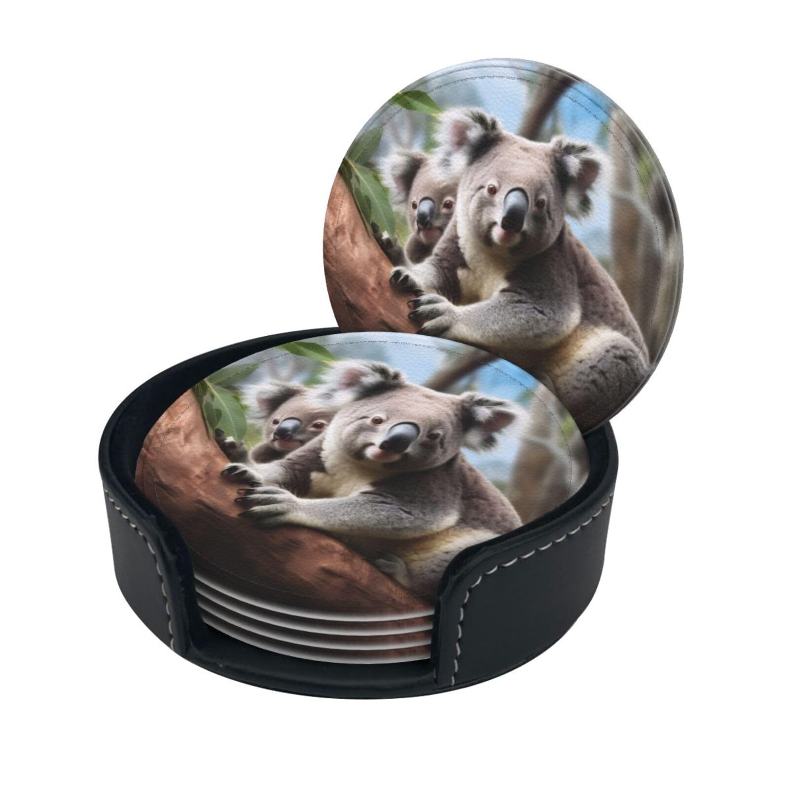 Stylish Coasters - Koala Bear Set of 6 Round Leather Drink Coasters with Holder - Perfect Size for Cups and Glasses