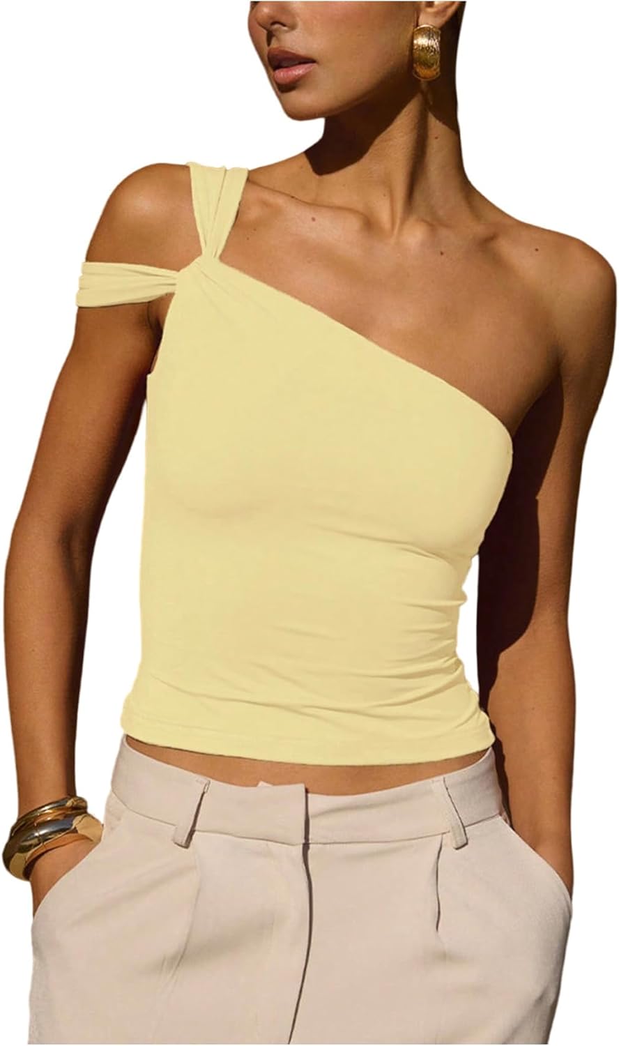 Milumia Women's One Shoulder Asymmetrical Tank Top Y2k Sleeveless Slim Fit Going Out Tops