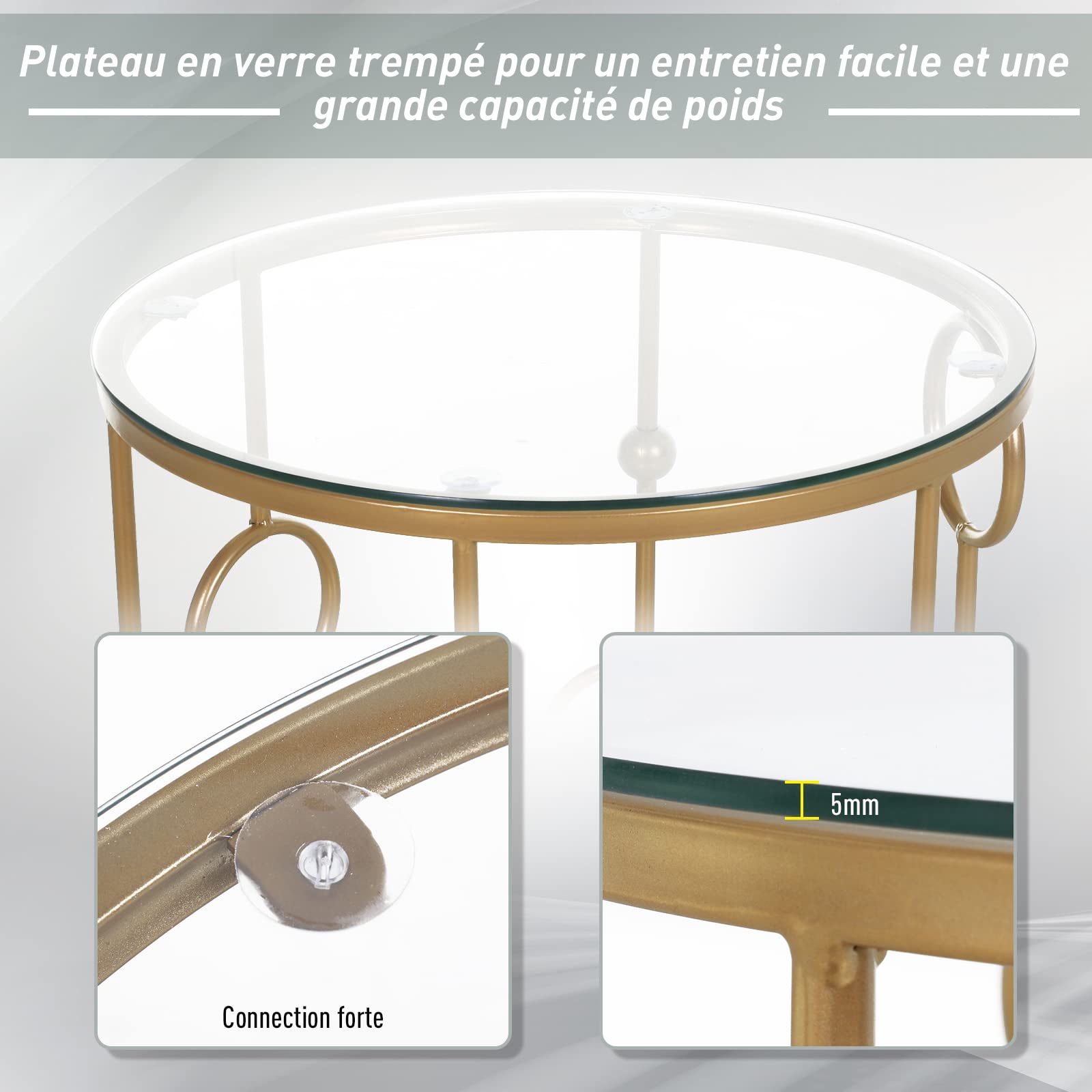 HOMCOM Tables gigognes Lot de 2 Tables Basses Rondes Design Style Art déco Ø 41 et Ø 36 cm métal doré Verre trempé 5 mm