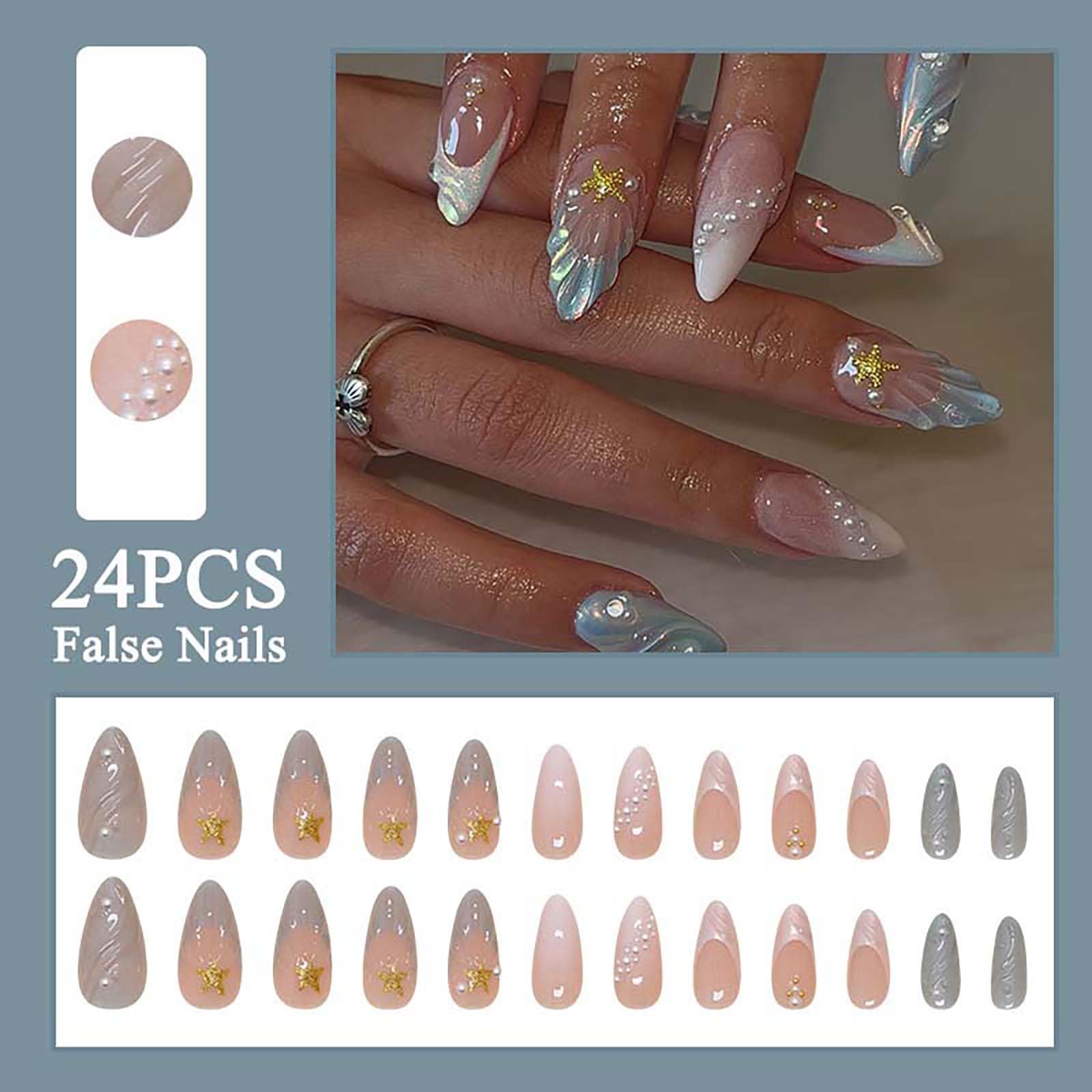 24 Pcs Almond Shape Press On Nails with 3D Seashell & Starfish Design - Image 3