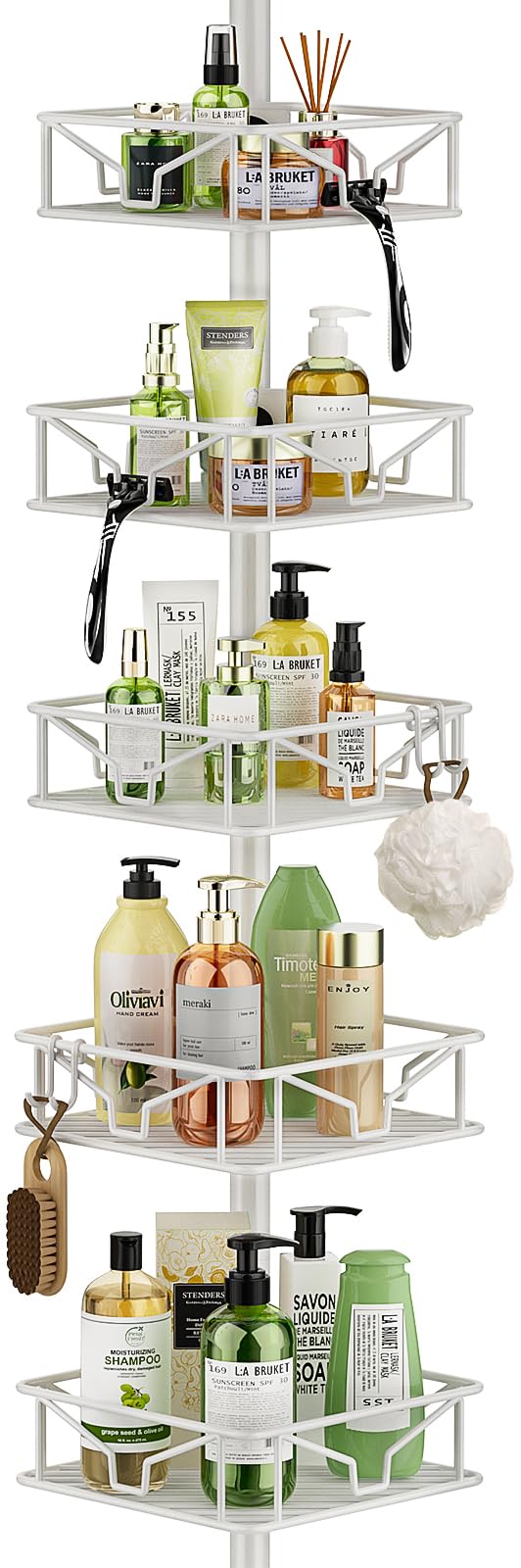 Photo 1 of Skycarper 5 Tier Adjustable Corner Shower Caddy Organizer with Hooks,Rustproof Tension Pole 62-116 Inch,White