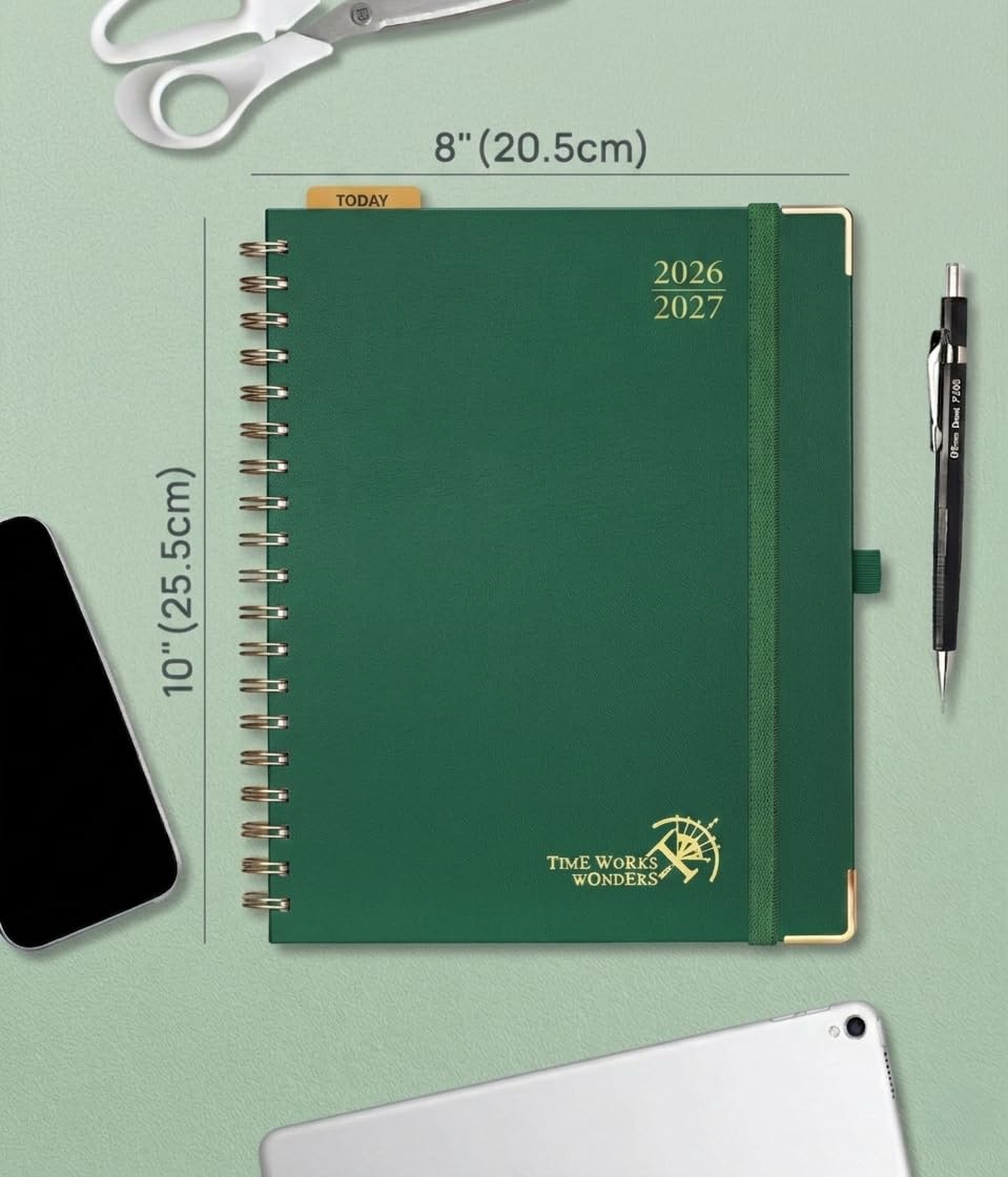 POPRUN Agenda settimanale 2026-2027, 25,4 x 20,3 cm, calendario settimanale e mensile | Agenda giornaliera da luglio 2026 a giugno 2027, con calendario orario, schede, copertina rigida, verde scuro