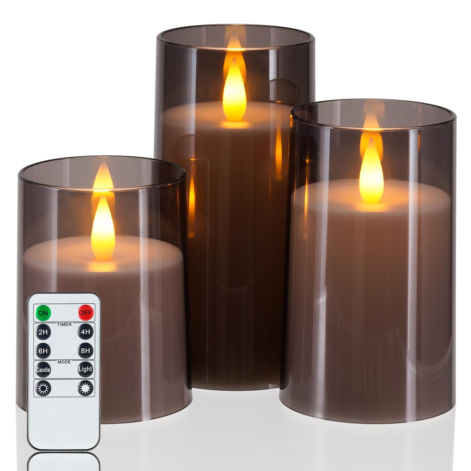 Homemory Realistic Flickering Battery Operated Candles, LED Fake Electric Candle with Remote Control and Timer, Flameless Candles for Home, Christmas Decoration, Grey, Set of 3