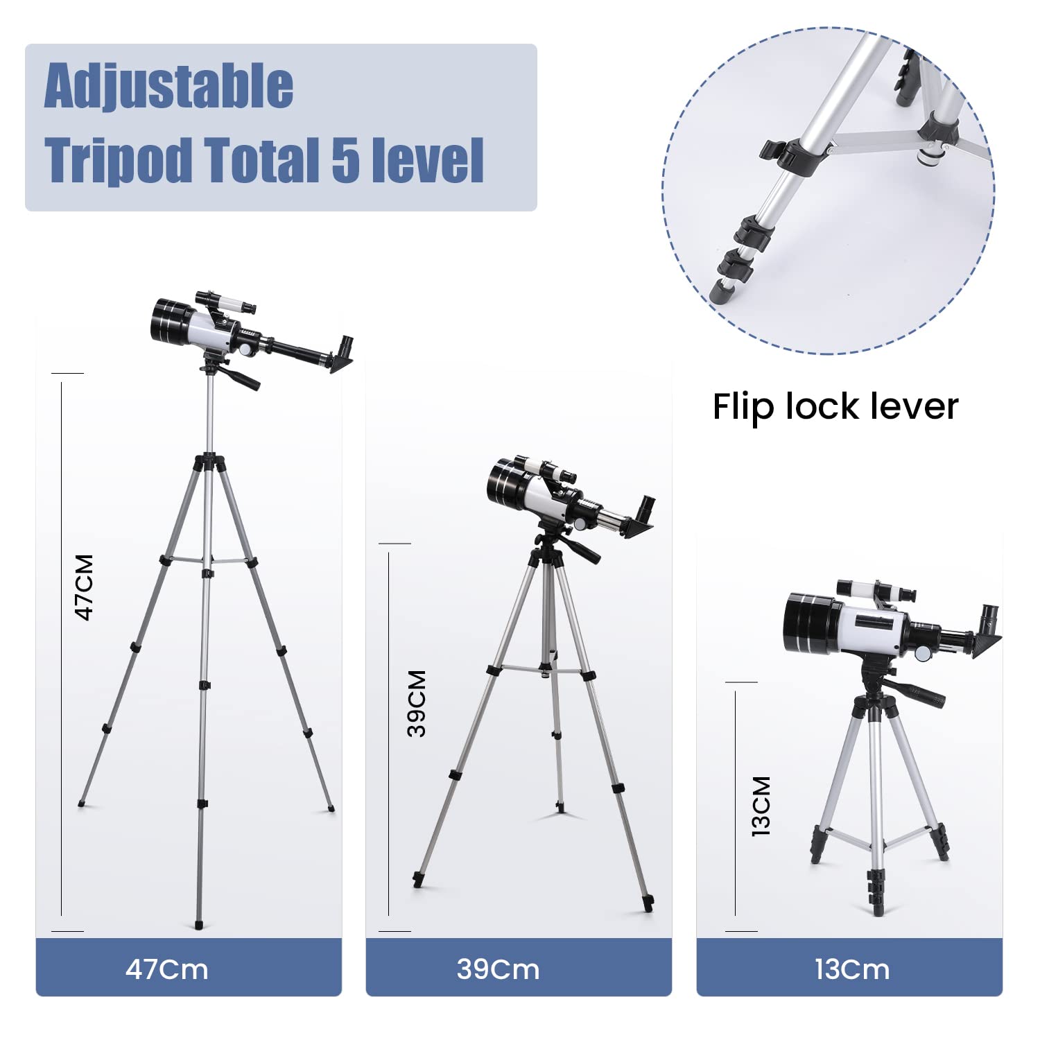 Telescopio Astronómico para Niños y Adultos, Apertura de 70mm, Distancia Focal de 300mm, Zoom 15X-150X, Incluye Trípode, Adaptador para Teléfono Móvil y Bolso de Transporte
