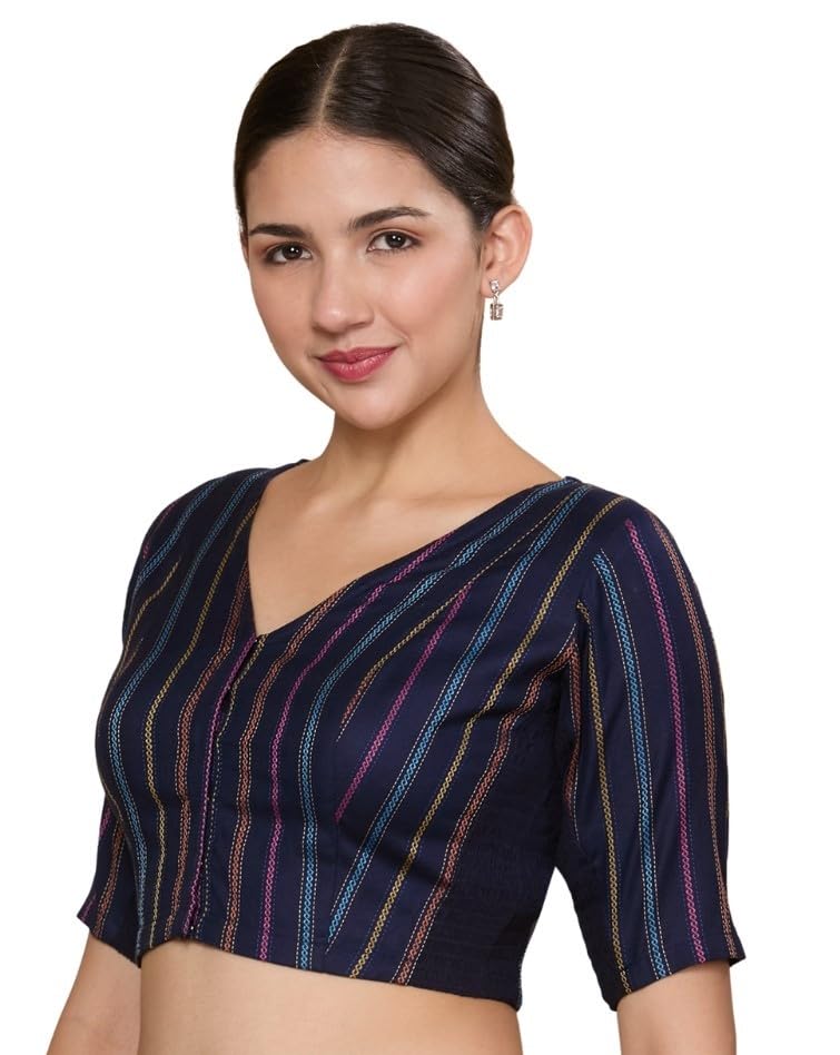 Image of Studio Shringaar Women's Cotton Handloom Stripes Stretchable (Smocked) Readymade Saree Blouse