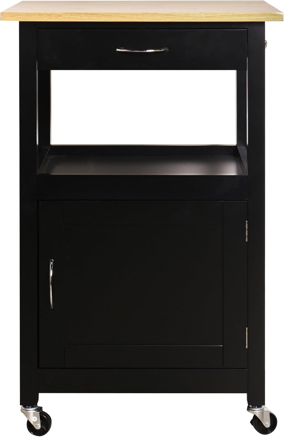 eHemco Kitchen Island Cart on Wheels with Drawer, Storage Cabinet, Shelf and Natural Solid Hardwood Top, Black Base