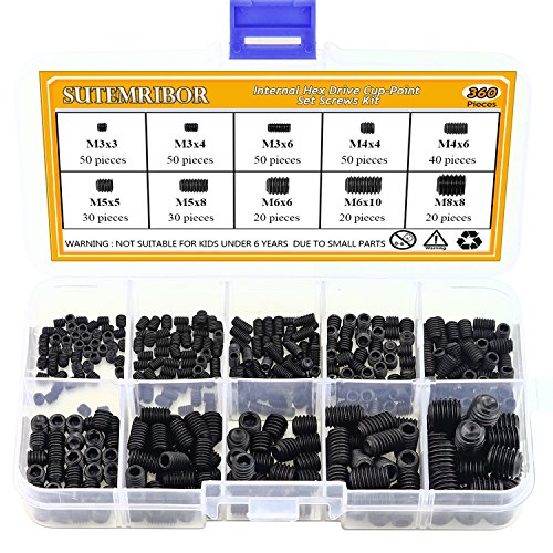 Sutemribor M3/4/5/6/8 Internal Hex Drive Cup-Point Set Screws Assortment Kit 10 Sizes, 360PCS