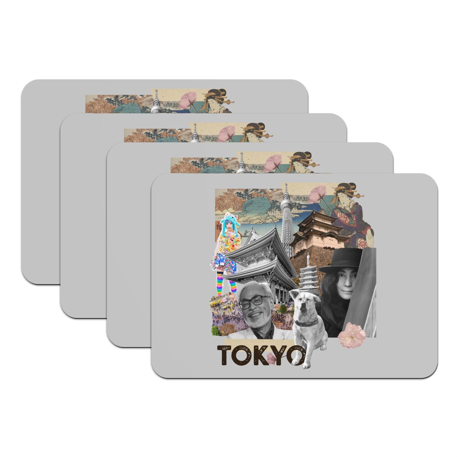 Sets de table Tokyo Vintage grand format 39,5x28,5 cm en caoutchouc gris x4