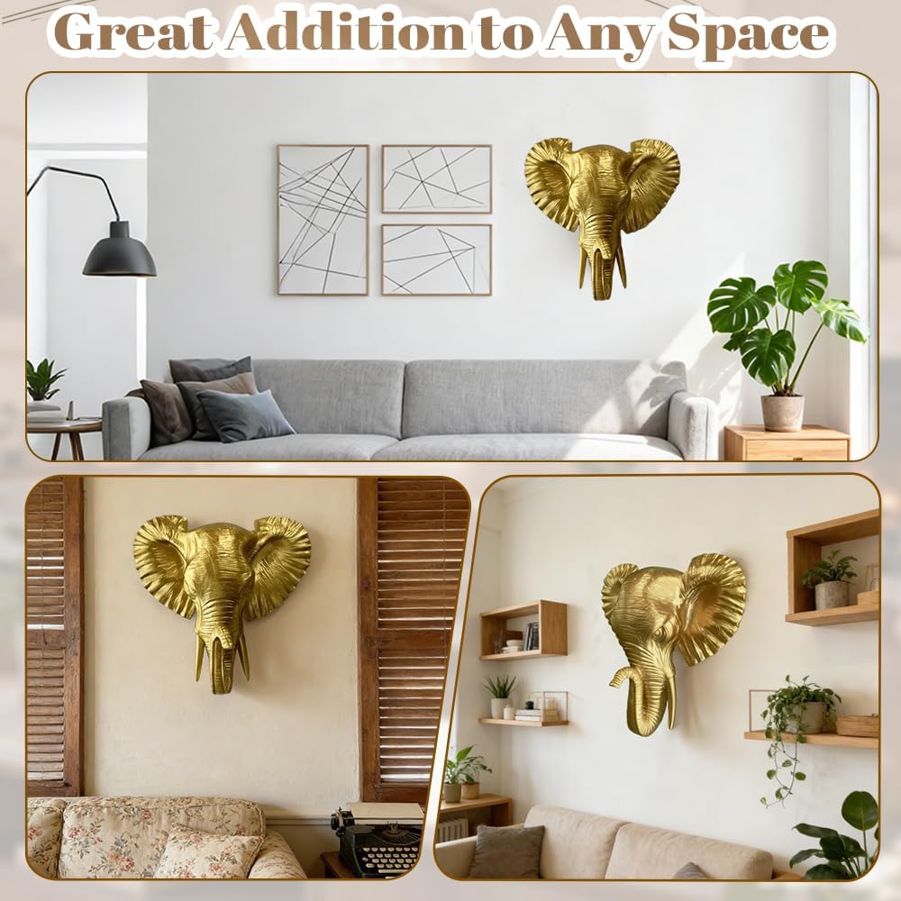 Mingzhang Elephant Head Wall Decor Resin Animal Head Wall Sculpture Hanging Decoration for Home Bedroom Kitchen Bathroom Farmhouse Christmas Decor Gold Elephant Head Wall Mount