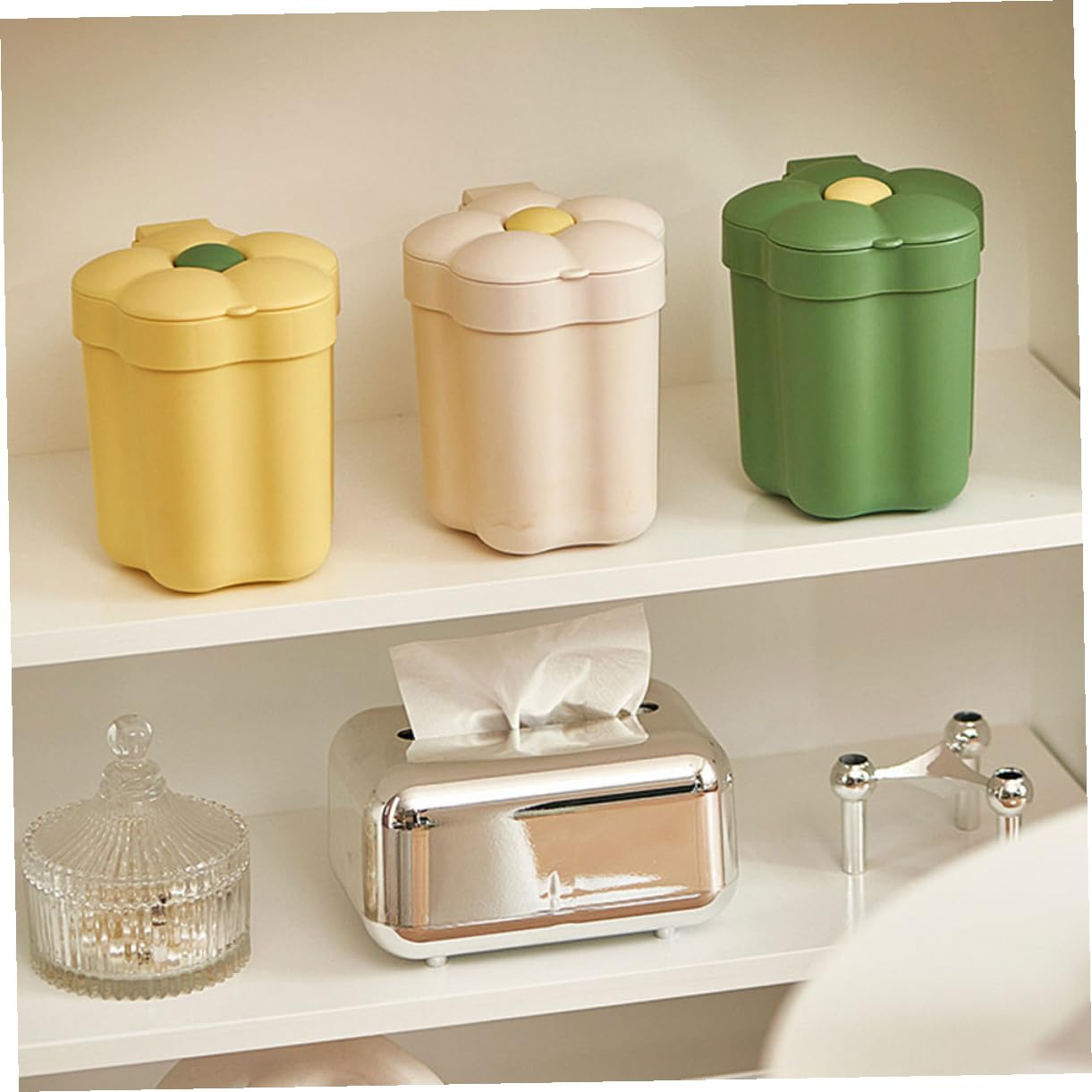 2pcs Cartoon Flower Trash Can with Lid Mini Desktop Waste Container Small Trash Bin for Bedroom Office Living Cute Decorative Storage