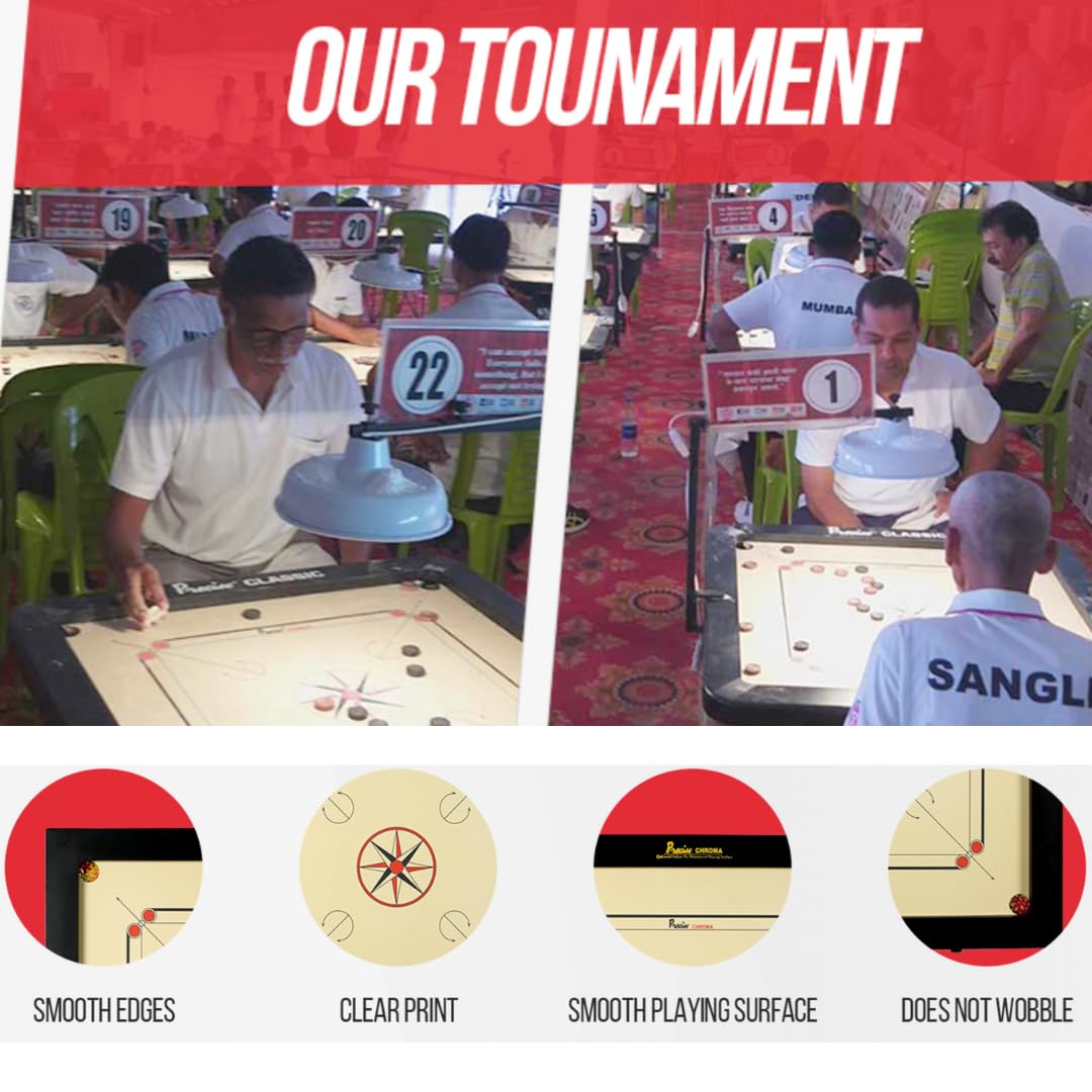 Carrom Original 6 mm Chroma Excel Juego profesional completo patentado, hecho a mano en la India, para 4 jugadores a partir de 9 años